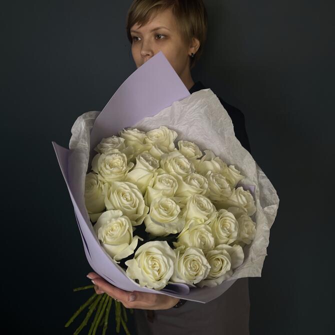 Белые розы "Proud" 25шт LAVENDER