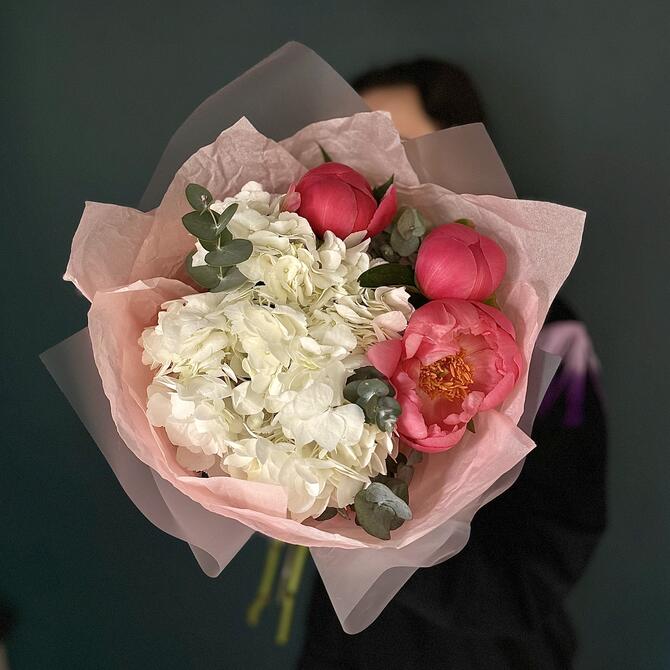 Пионы «Coral Charm» и гортензия 