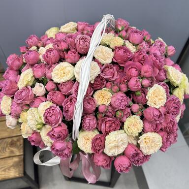 55 кустовых пионовидных роз в корзине 