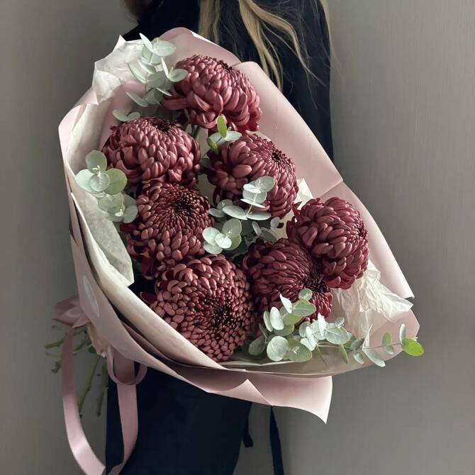 Хризантема Бигуди Brown 7шт с эвкалиптом 