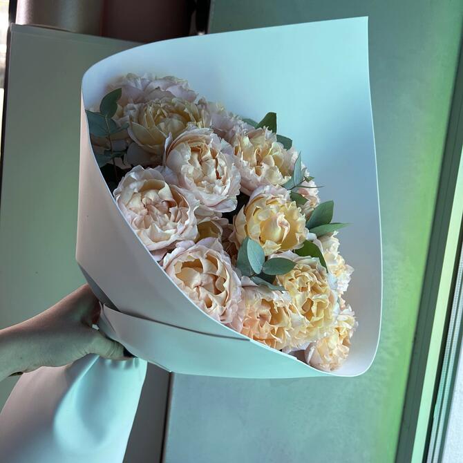 Кустовые пионовидные розы 5шт с эвкалиптом 5