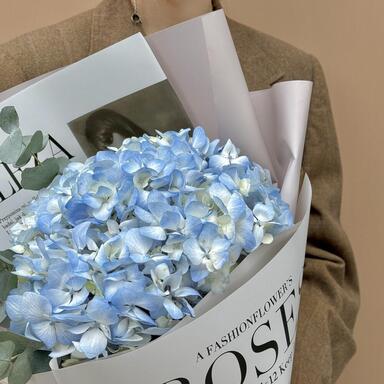  Монобукет из голубой гортензии с эвкалиптом 