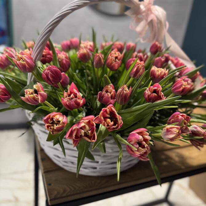 101 Пионовидный тюльпан «Columbus» в корзине 